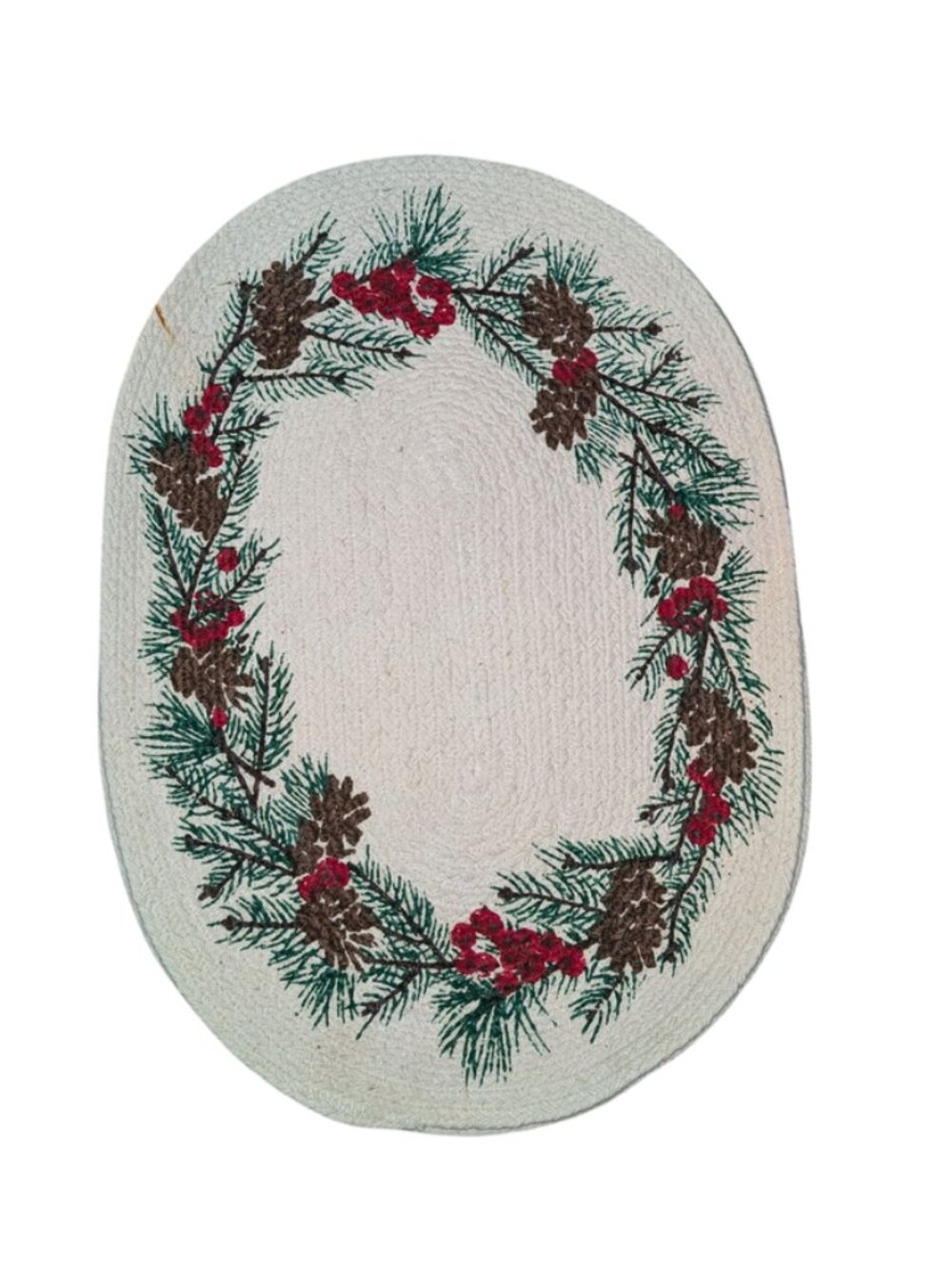 *3 FOR $9* Vintage Braided 13x18 Woven Oval Pinecone Pine Holly Berry Placemat